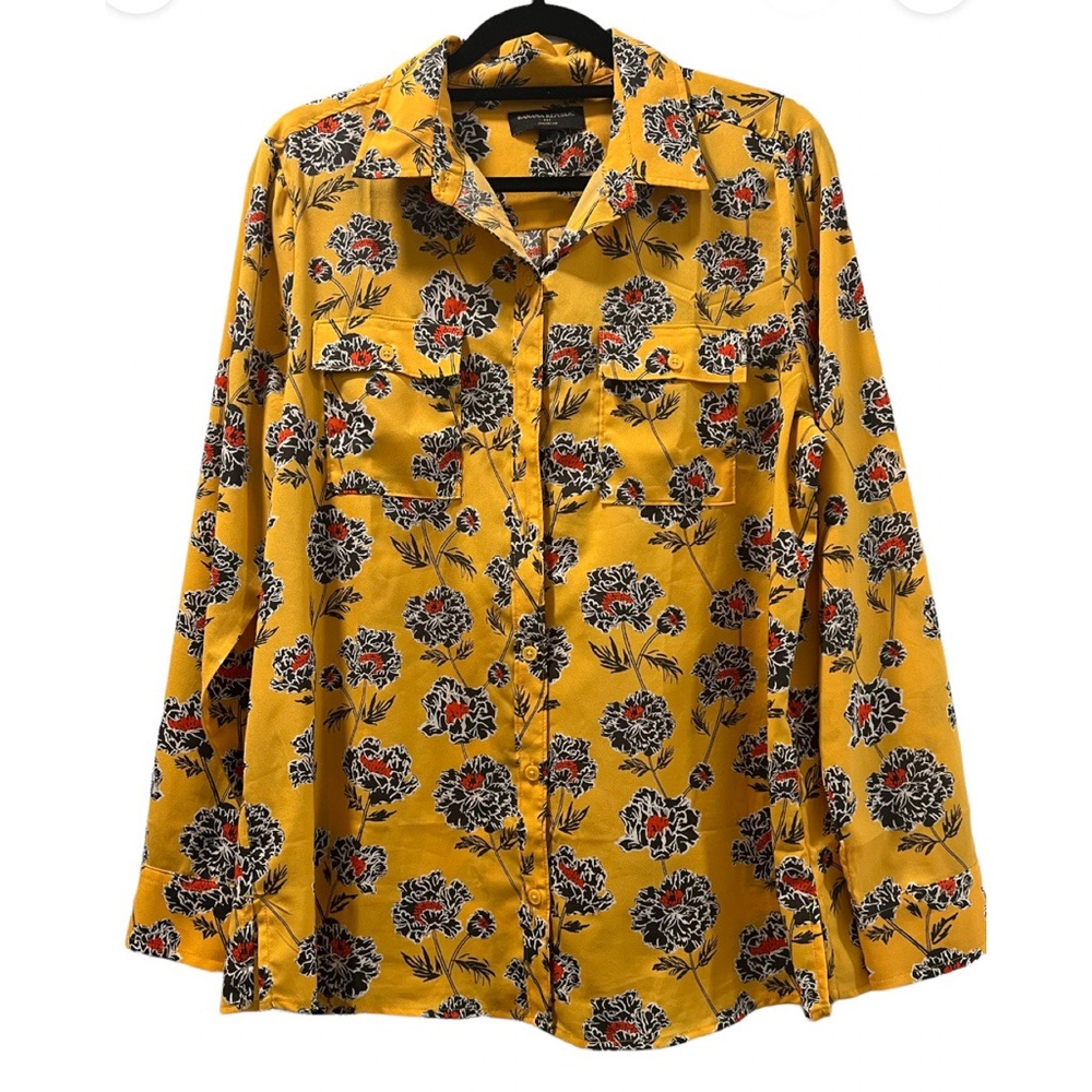 Banana Republic yellow floral print button down blouse LG